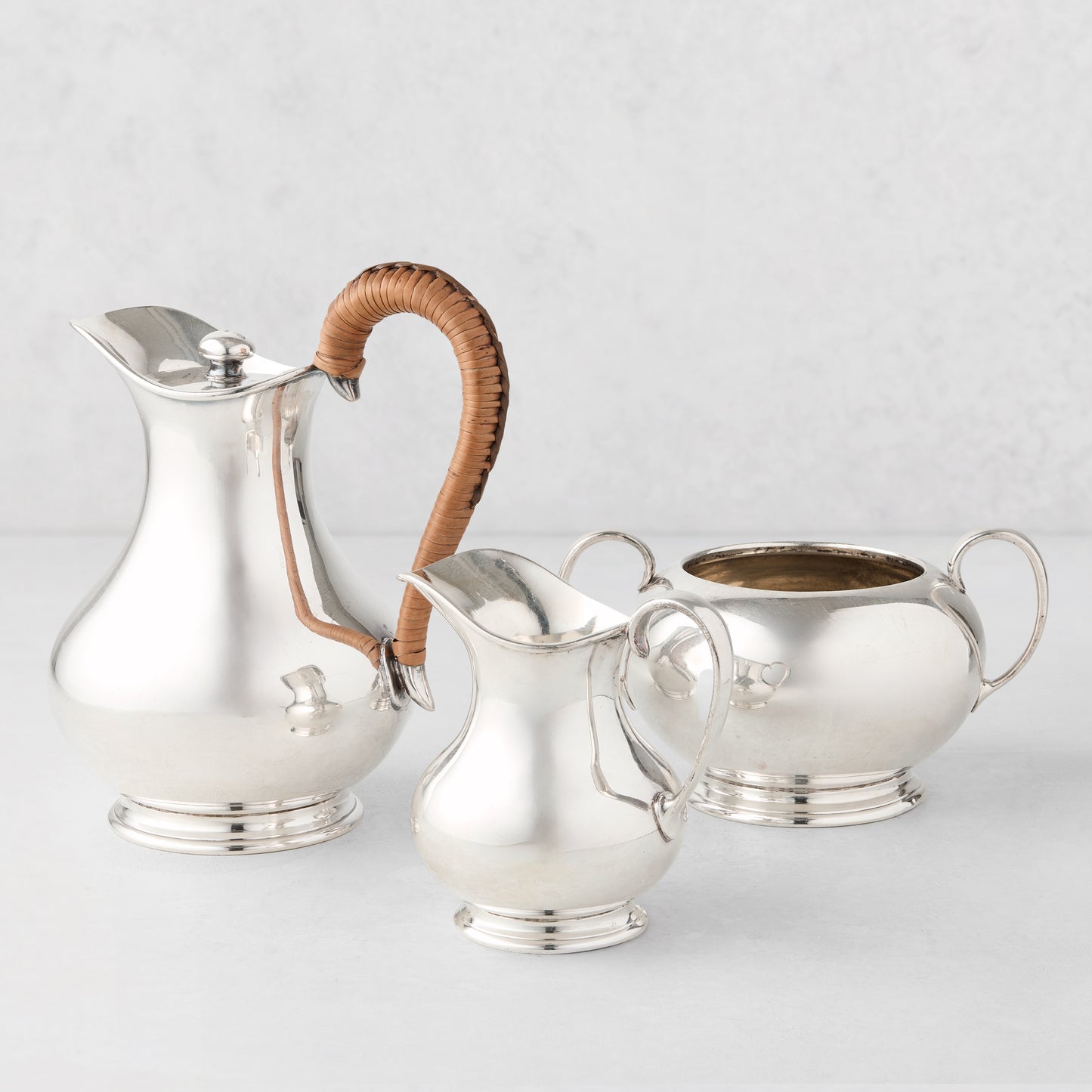 Vintage Silverplate Tulip 3-Piece Tea Set with Raffia Handle