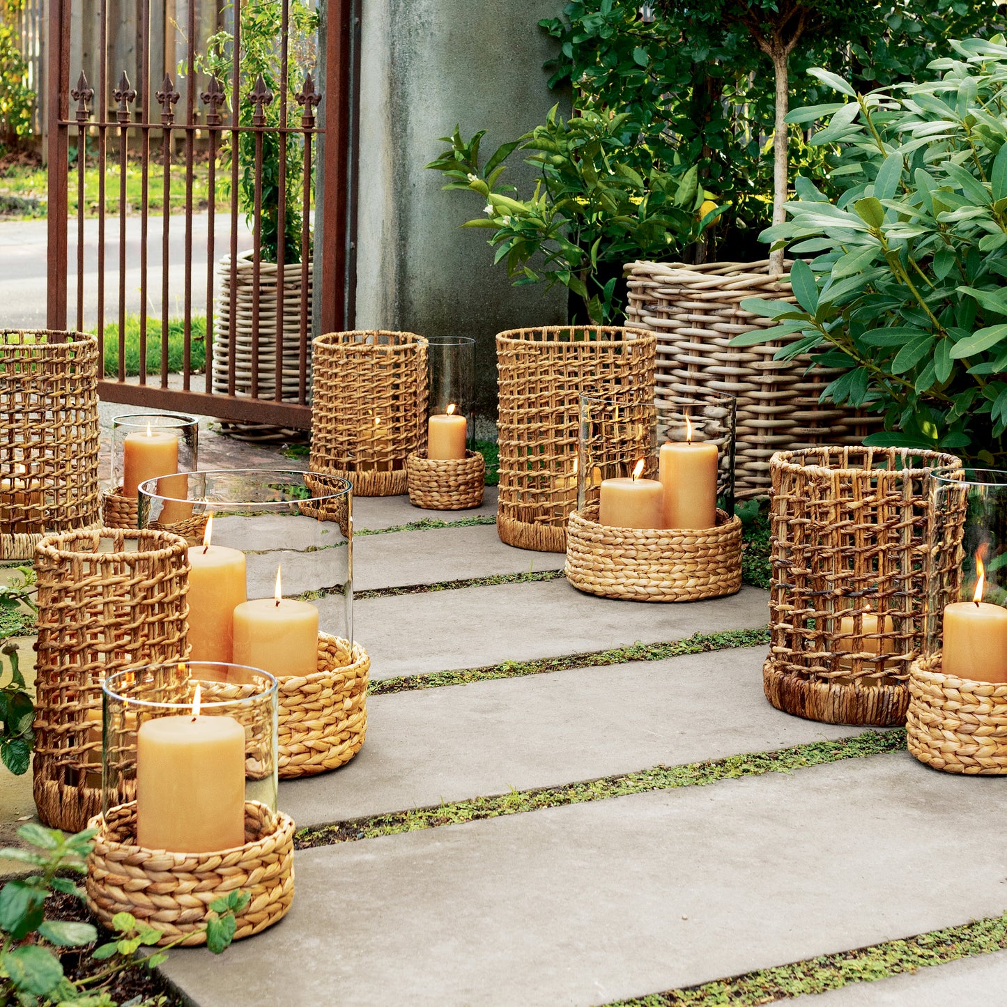 Small Glass Hurricane with Woven Hyacinth Base