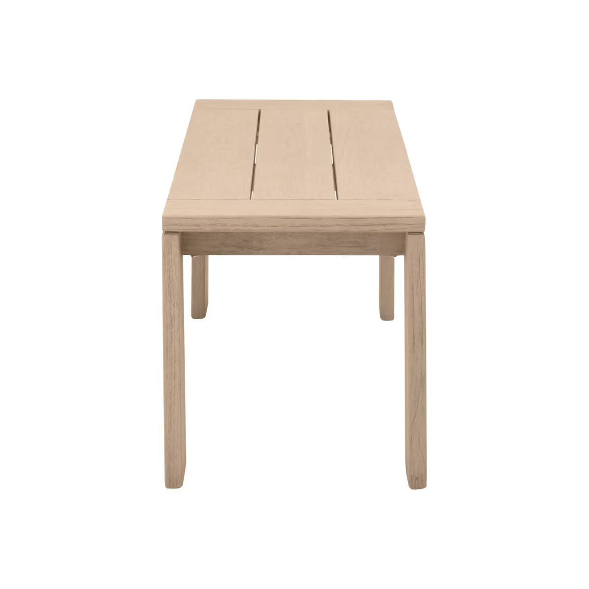 Sur rectangular indoor-outdoor bench in washed teak wood with wide legs.