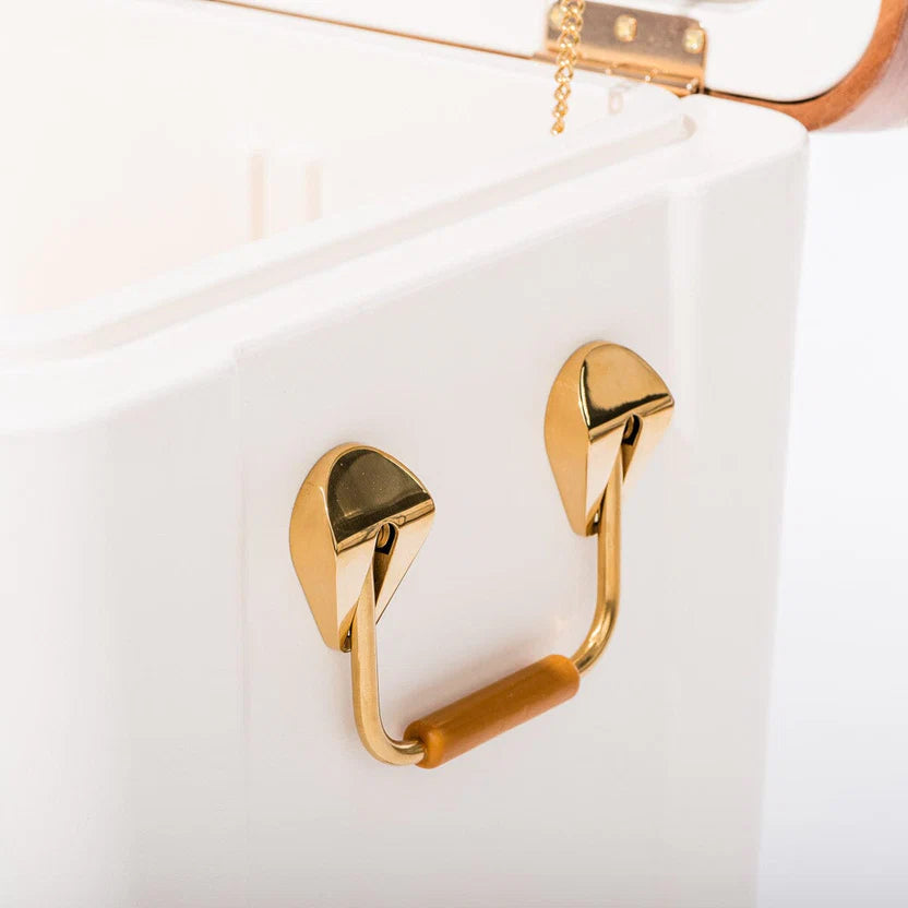 Antique white Hemingway Cooler with gold stainless steel handle and acacia wood grip.