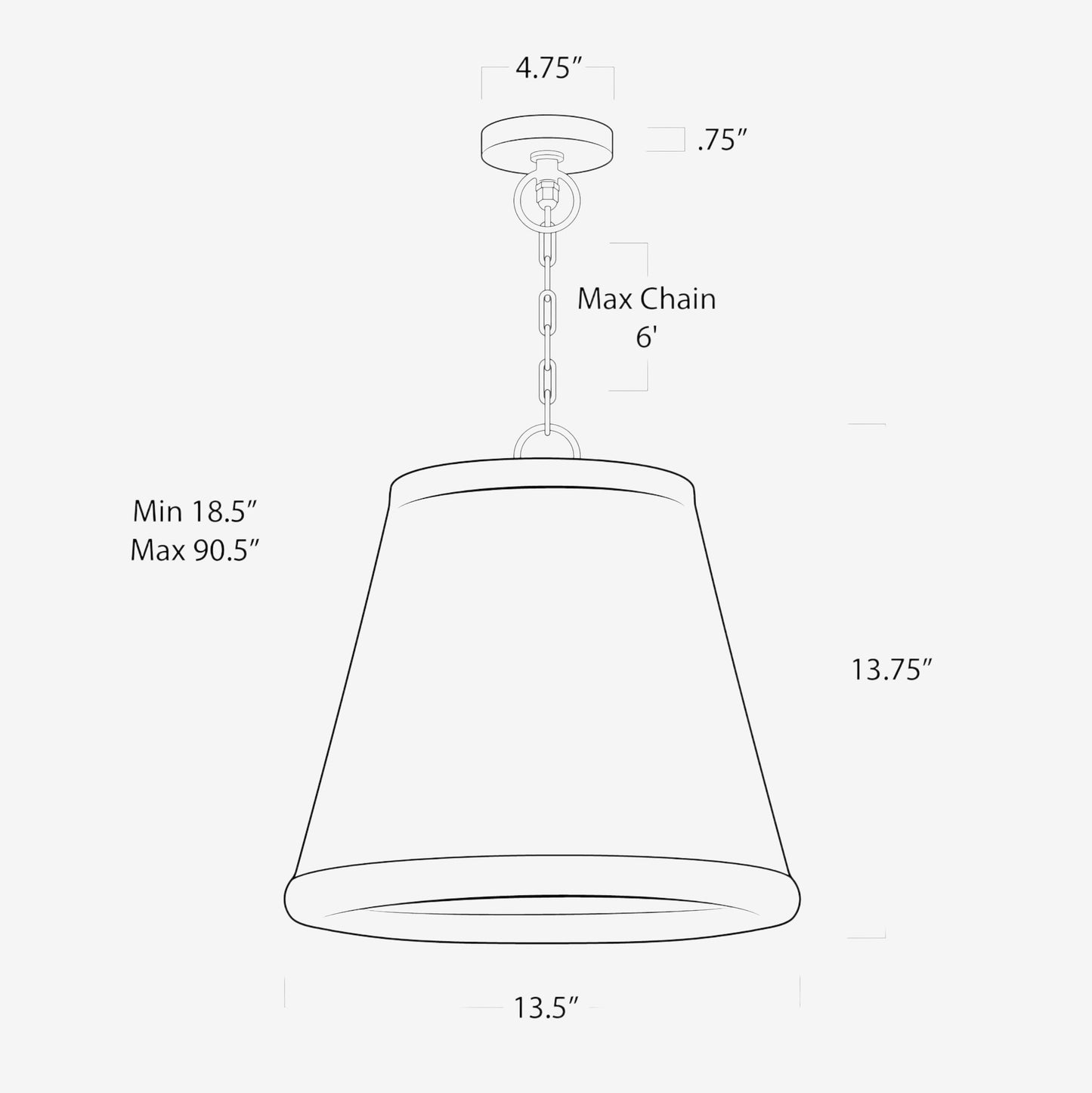 Line drawing of Augustine Small Outdoor Pendant Light with dimensions: 13.75"H x 13.5"Dia, Max Chain 6'.