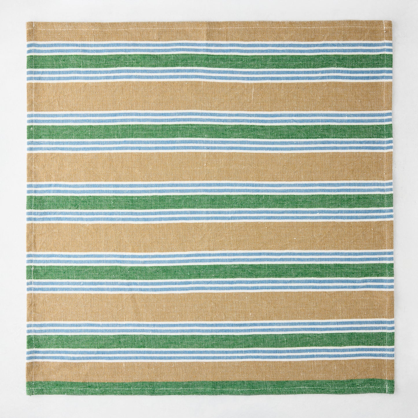 Bennett Khaki and Green Mixed Stripe Cotton Napkin, 22" square, with thin white and blue stripes.