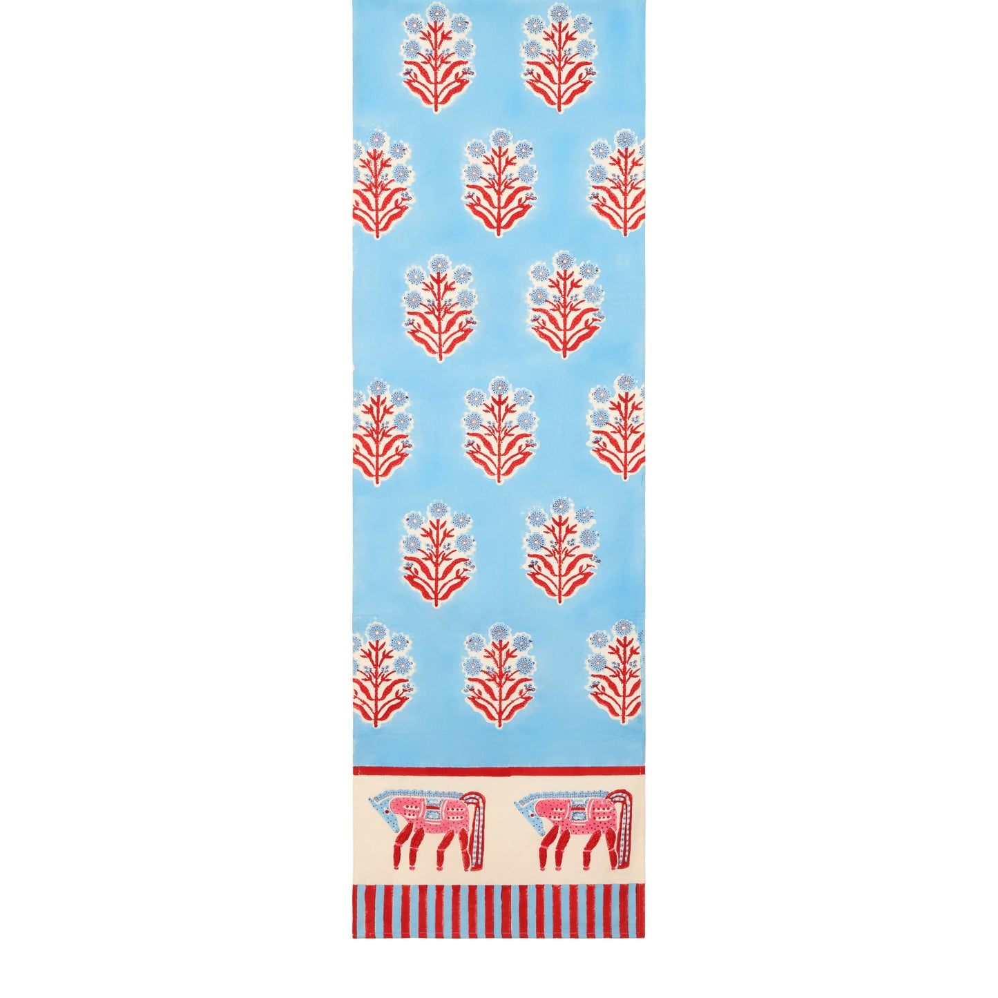 Blue and red horse block print cotton runner with floral motifs and horse border.