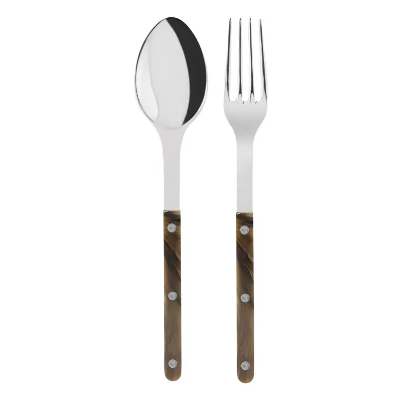 Buffalo Bistro 2-piece serving set: 10.25" stainless steel spoon and fork with brown marbled acrylic handles.