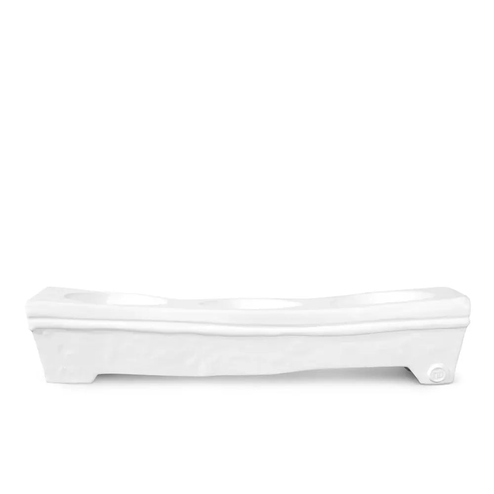 White ceramic appetizer platform, Montes Doggett 5373, 17.25"L, with three serving dips.