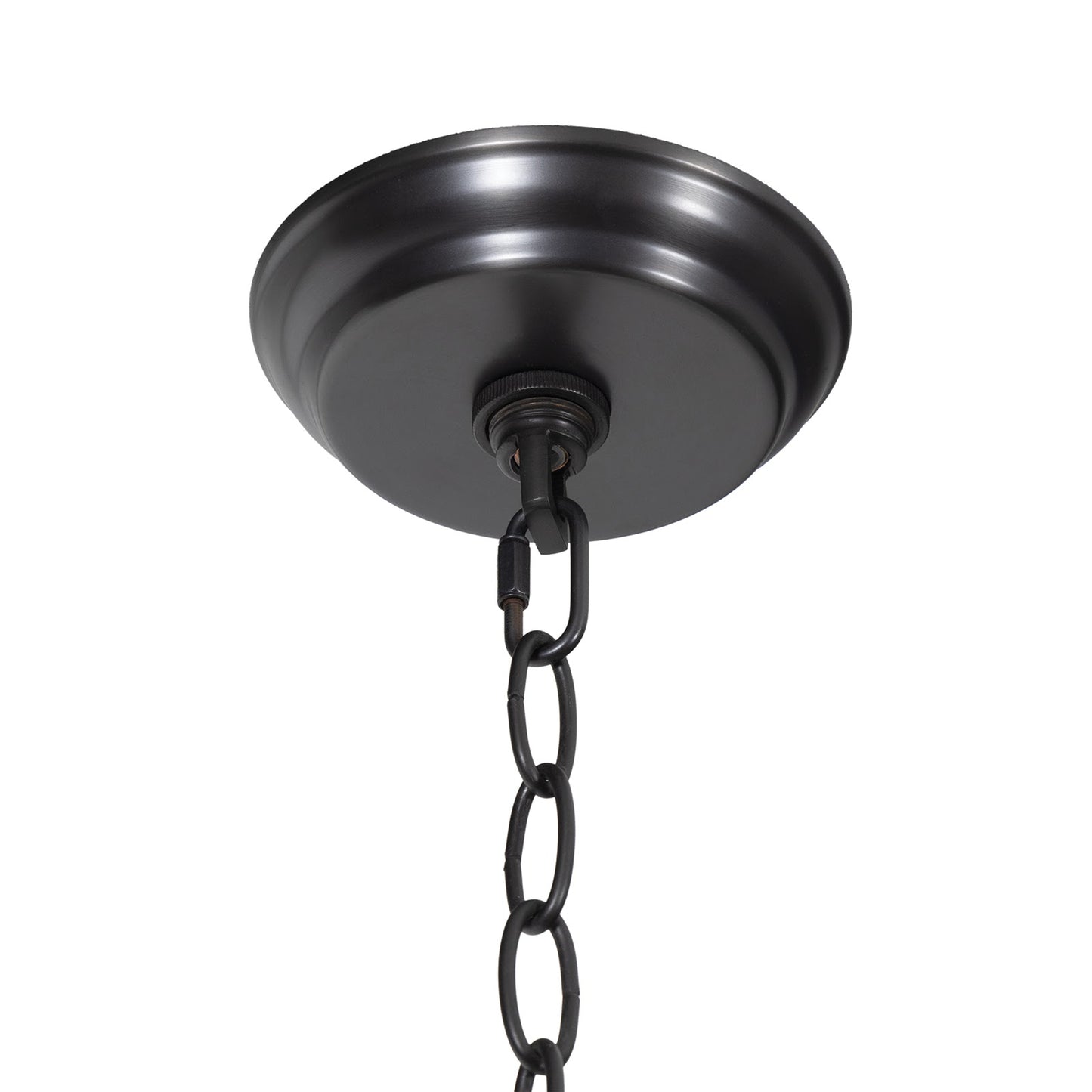 Champagna pendant light ceiling mount with black chainlink and dome-shaped rattan shade.
