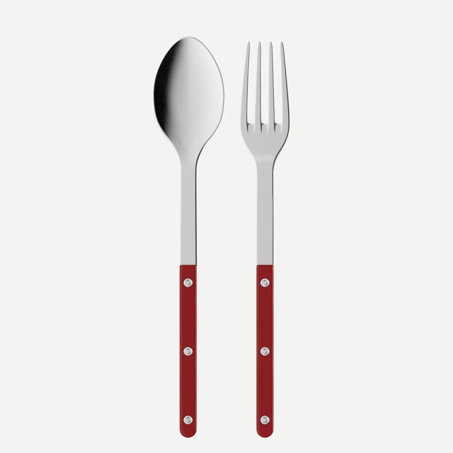Red Bistro 2-piece serving set: 10.25" stainless steel spoon and fork with red acrylic handles.