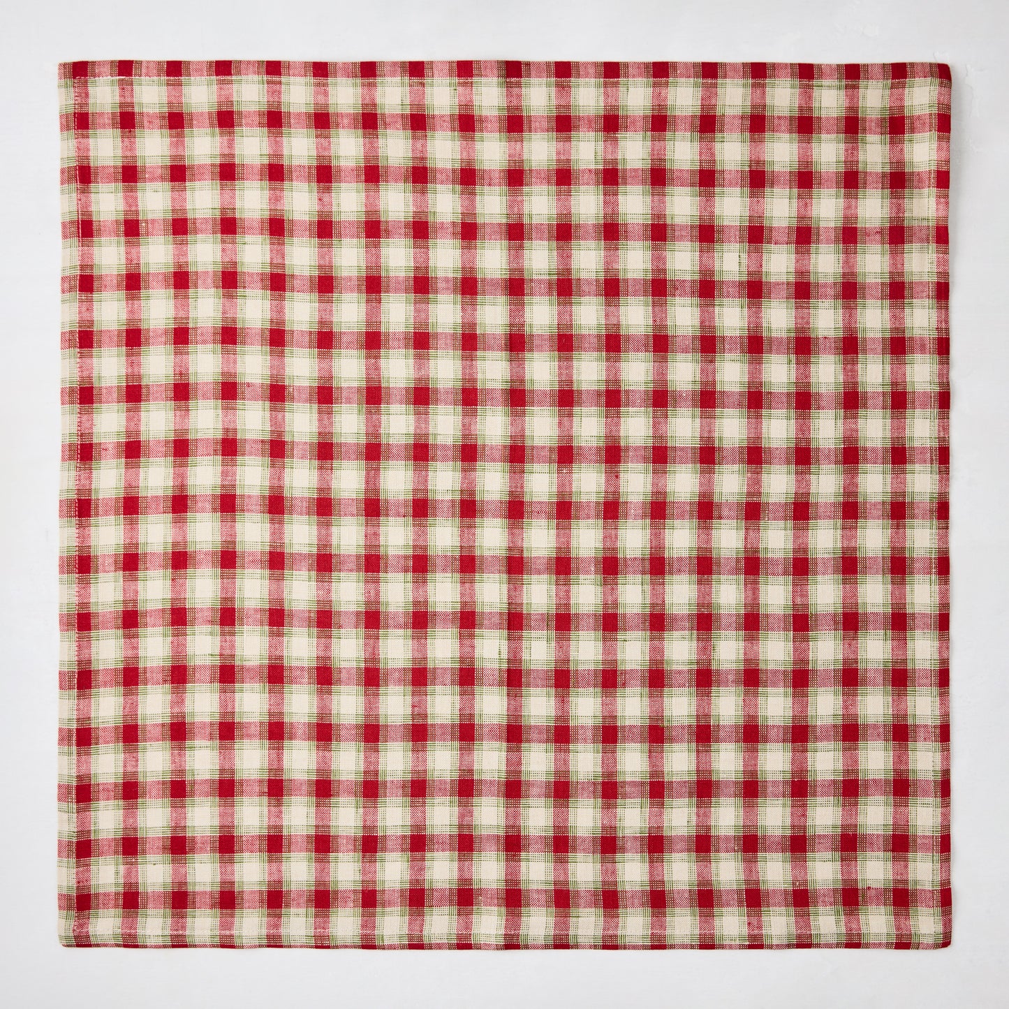Christmas Cabin Plaid Red and Beige Linen Napkin, 21" square, with subtle green hints.