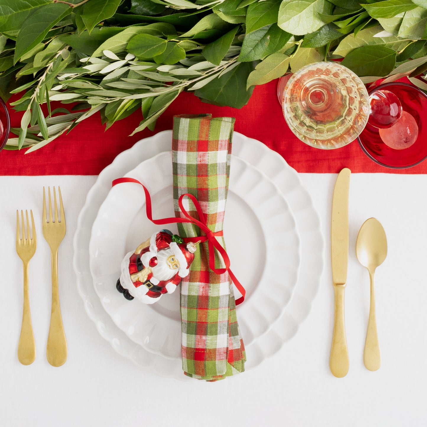 Christmas Peppermint Red and Green Plaid Linen Napkin, 21" square, with Santa ornament.