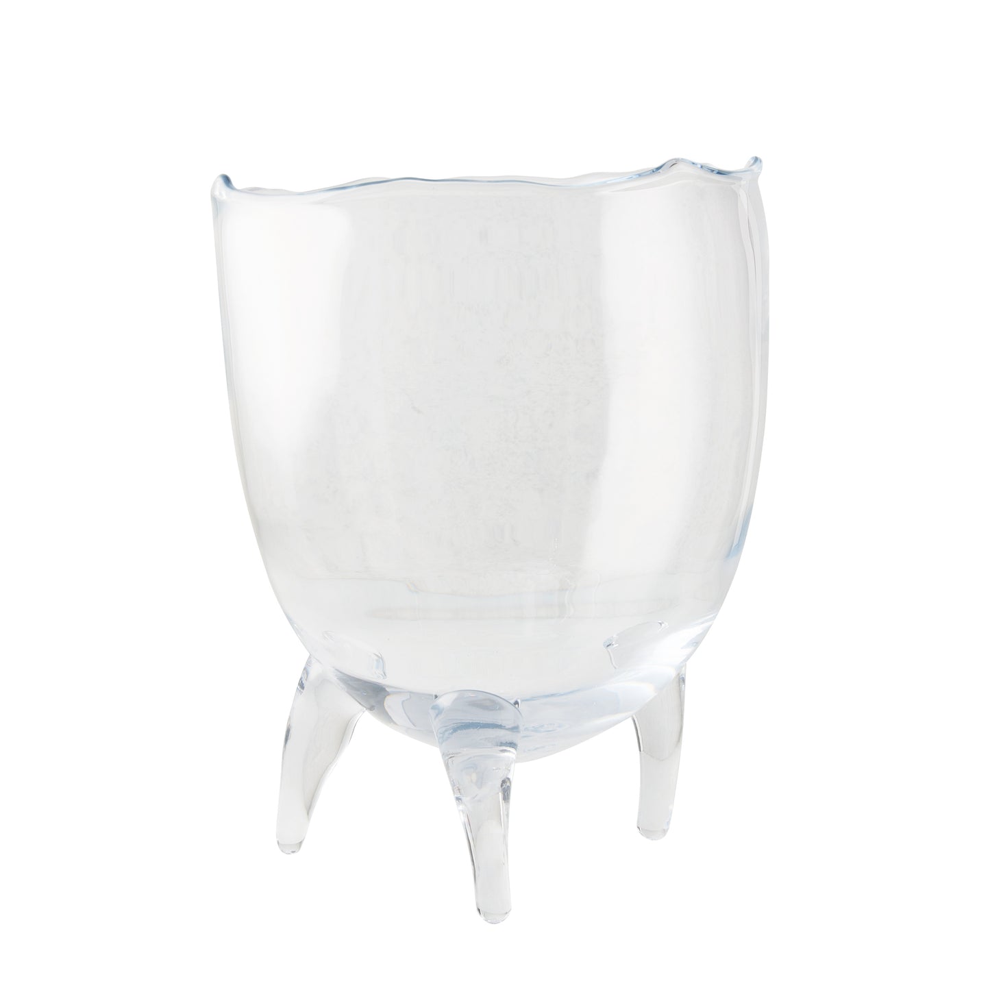 Large clear mouth-blown glass Cis Bowl with a unique scissor-cut rim and three sturdy feet.