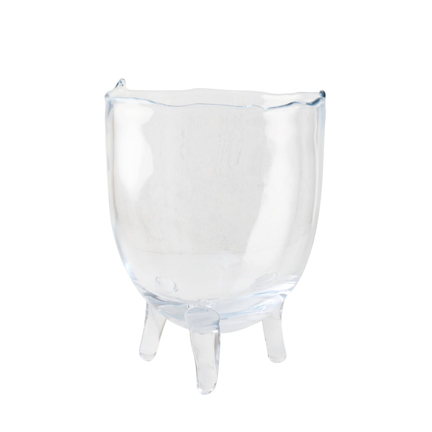 Small Cis Scissor-Cut Glass Bowl, clear mouth-blown glass with wavy rim and three feet.