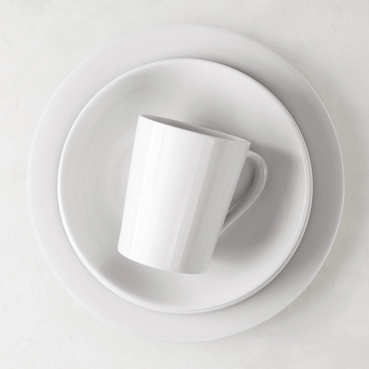 HG City White Porcelain Cereal Bowl, 8" diameter, with a matching mug and dinner plate.