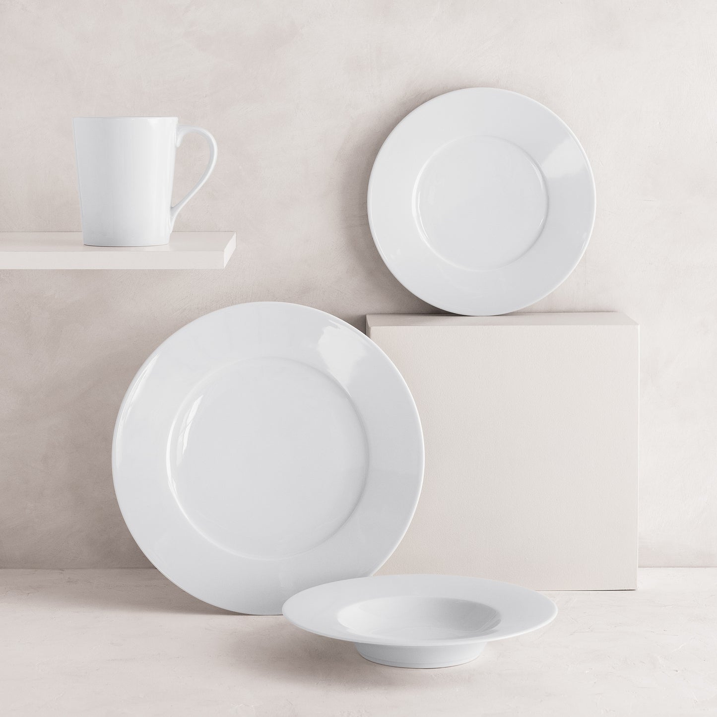 HG Classic Porcelain Salad Plate, white, 8.5" diameter, with matching dinner plate, soup bowl, and mug.