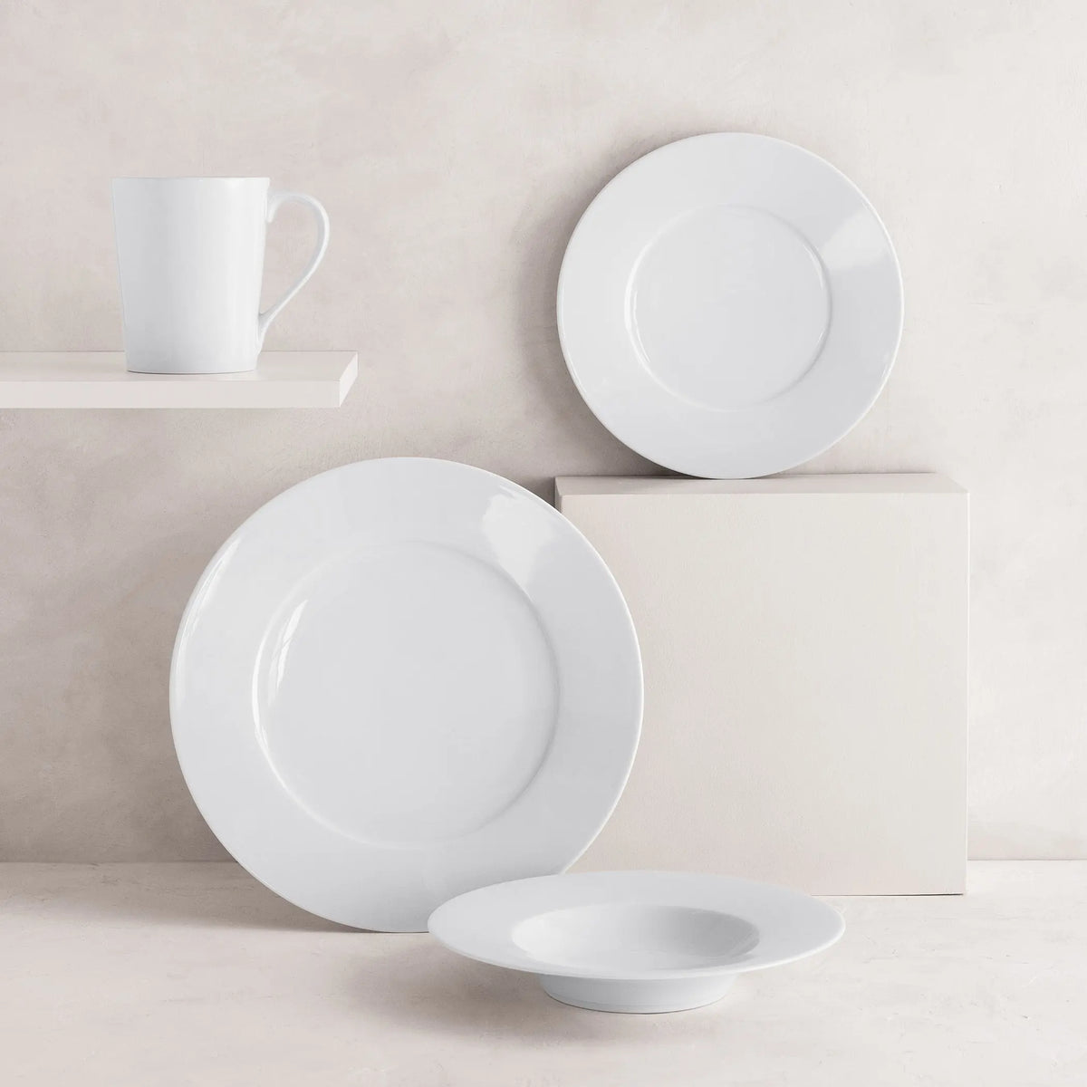 HG Classic Porcelain Salad Plate, white, 8.5" diameter, with matching dinner plate, soup bowl, and mug.