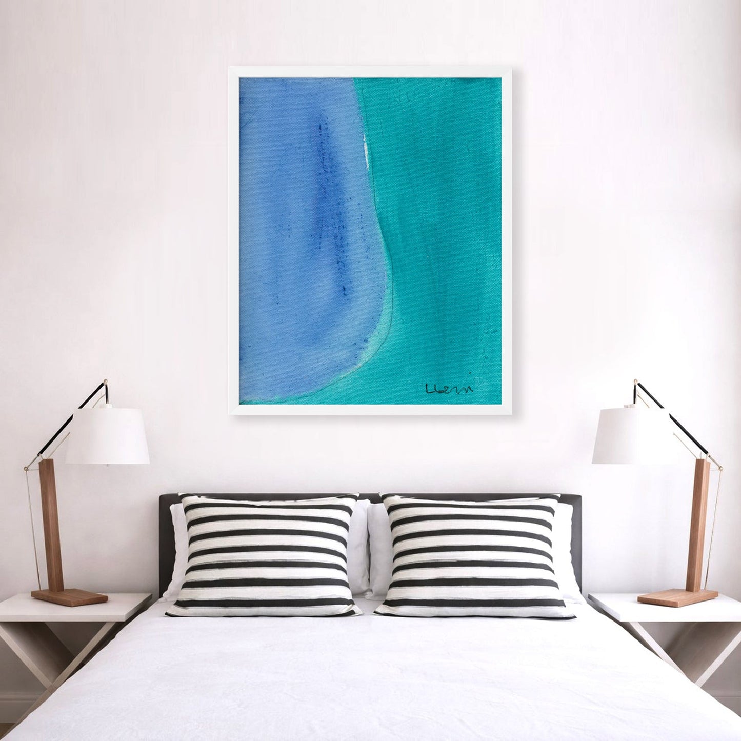 Color Note 2 Art Print by Kerri Rosenthal, blue and teal abstract painting in a white frame, above a bed.