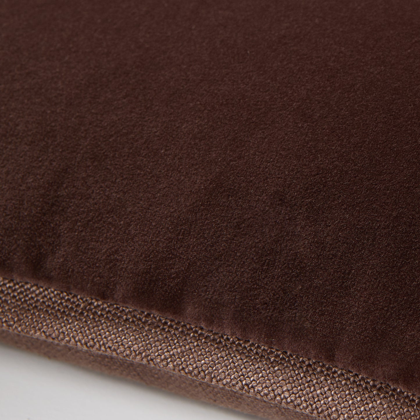 Dark brown tonal reversible lumbar pillow, velvet and linen, 20x14 inches.