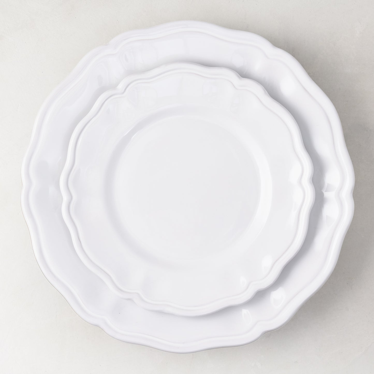 Deruta White Painted Ceramic Salad Plate, 8.3"Dia, with subtle scallop detail, handmade in Italy.