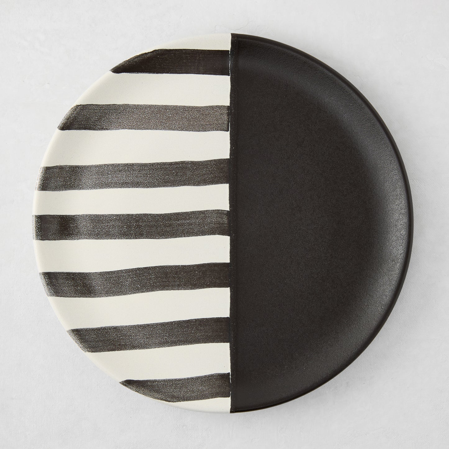 Diane Keaton + Hudson Grace Domino half-stripe salad plate, hand-painted black and white design.