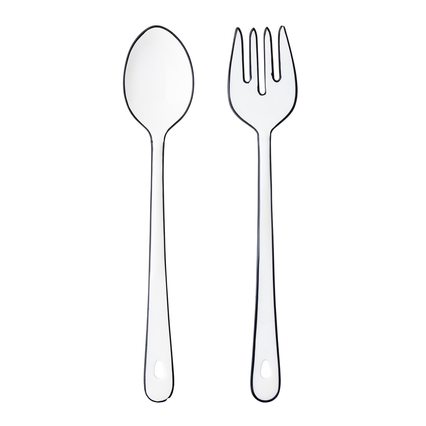 Diane Keaton + Hudson Grace white enamel serving set with black border, spoon and fork.