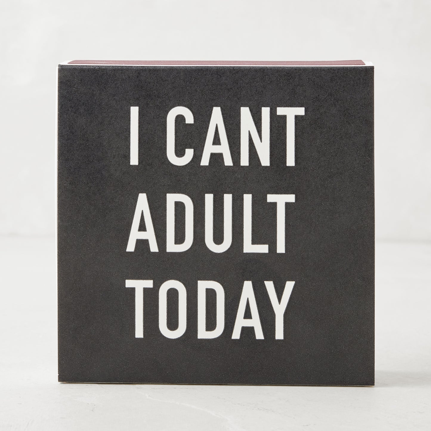 Diane Keaton + Hudson Grace "I Can't Adult Today" oversized black boxed matches with white text.