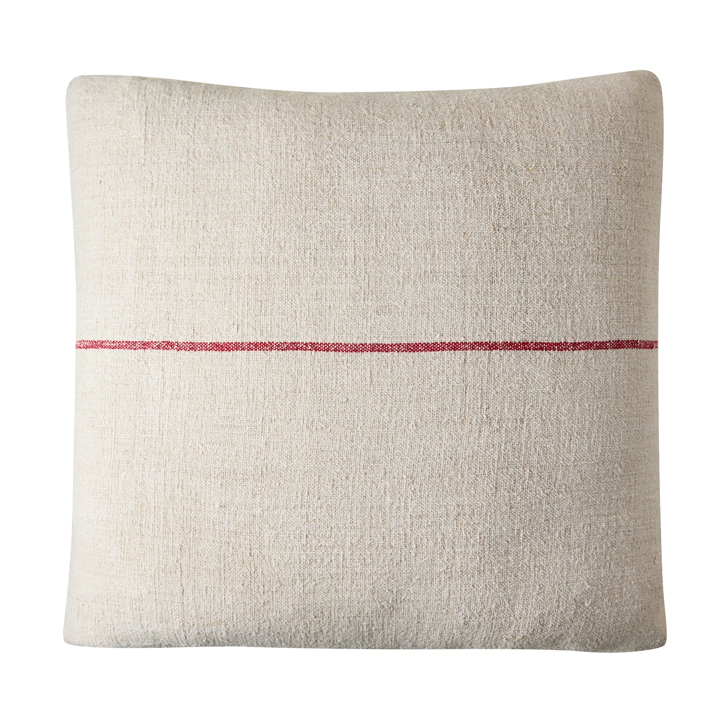 Diane Keaton x Hudson Grace vintage grain sack square pillow, natural linen with single red stripe.