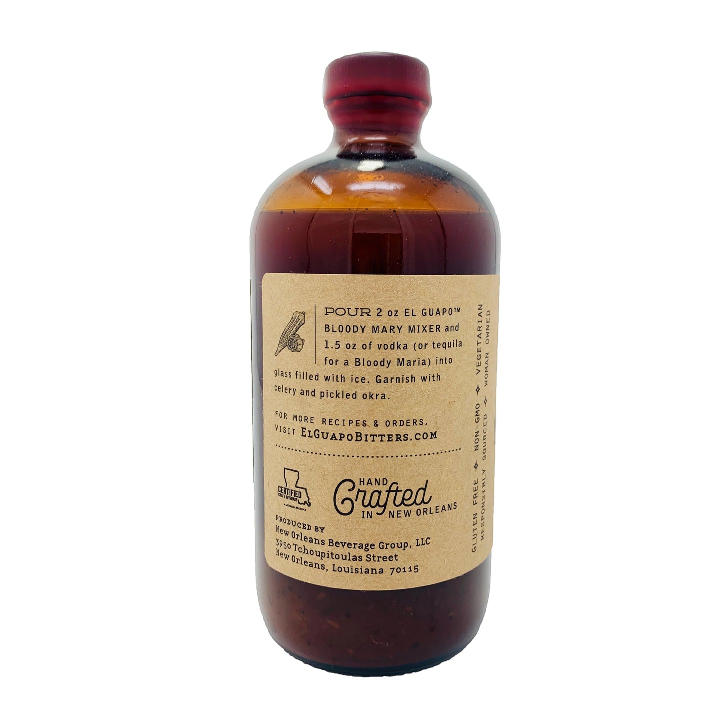 El Guapo Bloody Mary Mixer, 16.5oz amber glass bottle with a red cap and brown label.