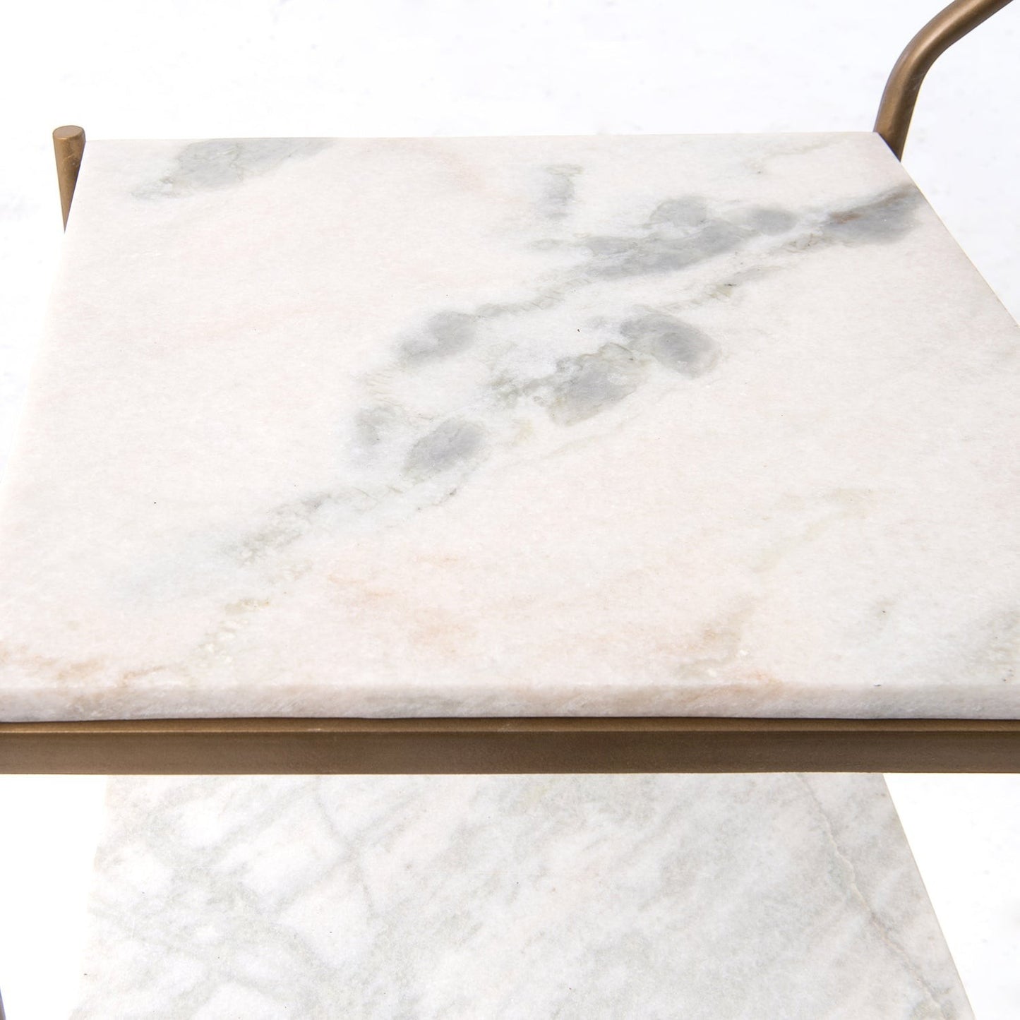 Felix Antique Brass and White Marble Square Bar Cart with three marble shelves.