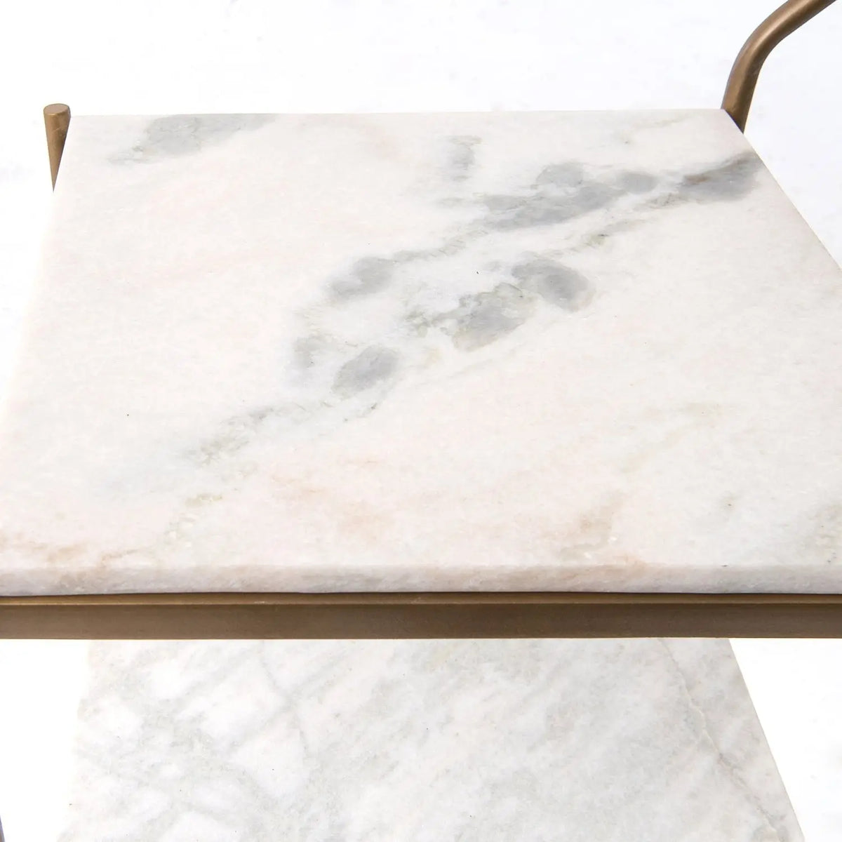 Felix Antique Brass and White Marble Square Bar Cart with three marble shelves.