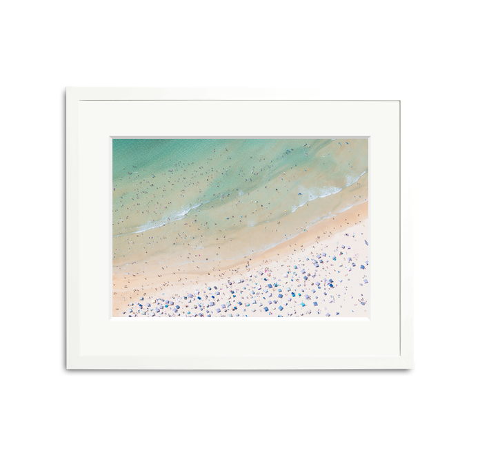 Aerial view of Freshwater Beach, Sydney framed wall art print with white wooden frame and mat.