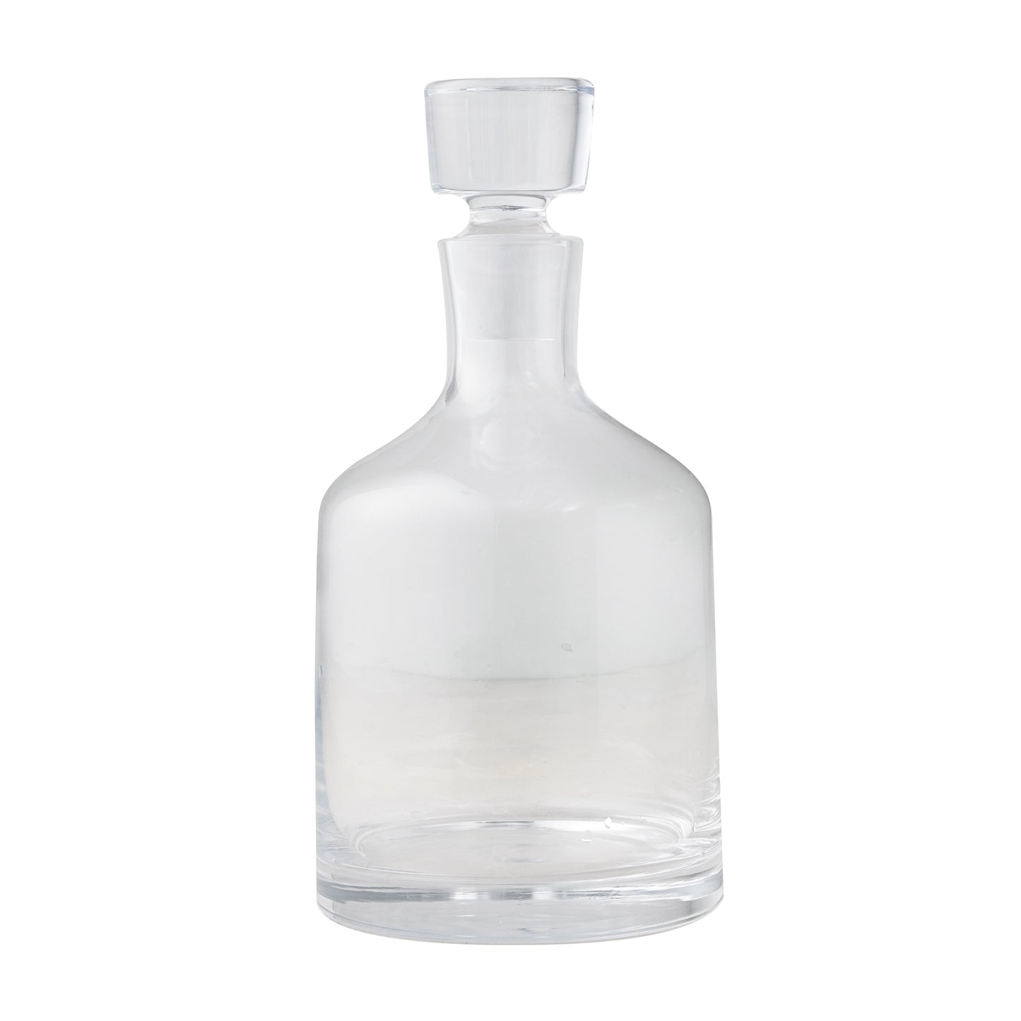 Clear mouth-blown glass wine and whiskey decanter with broad base, curved neck, and stopper.