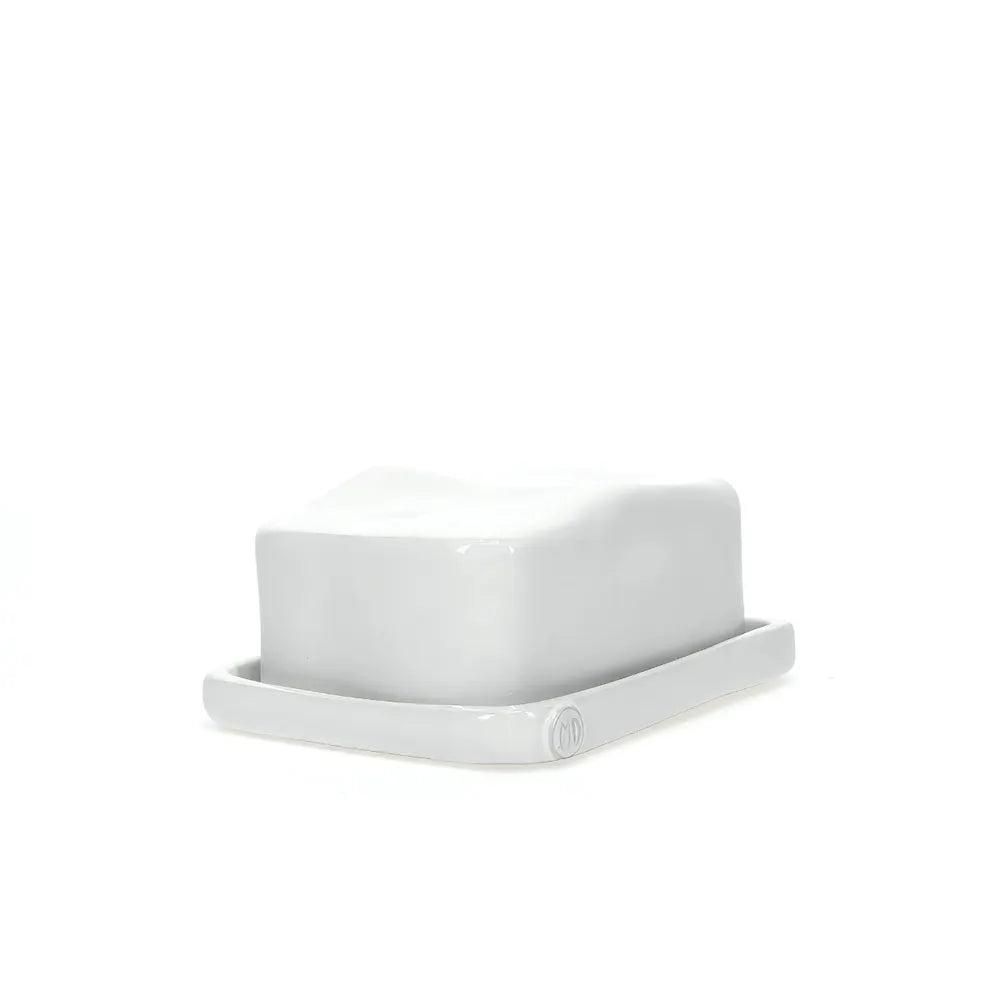 Handmade Montes Doggett ceramic European butter dish, creamy white glaze, 6"L x 4.5"W x 3"H.