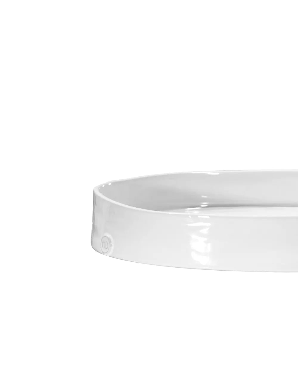 Handmade creamy white ceramic tray by Montes Doggett, 10"Dia, with subtle embossed logo.