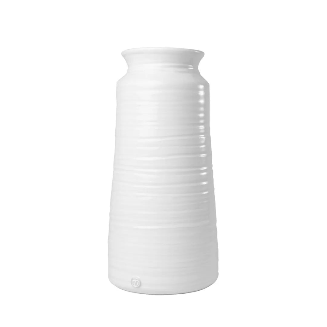 White ceramic vase 4818 by Montes Doggett, 14"H, with curved edge and horizontal ridges.