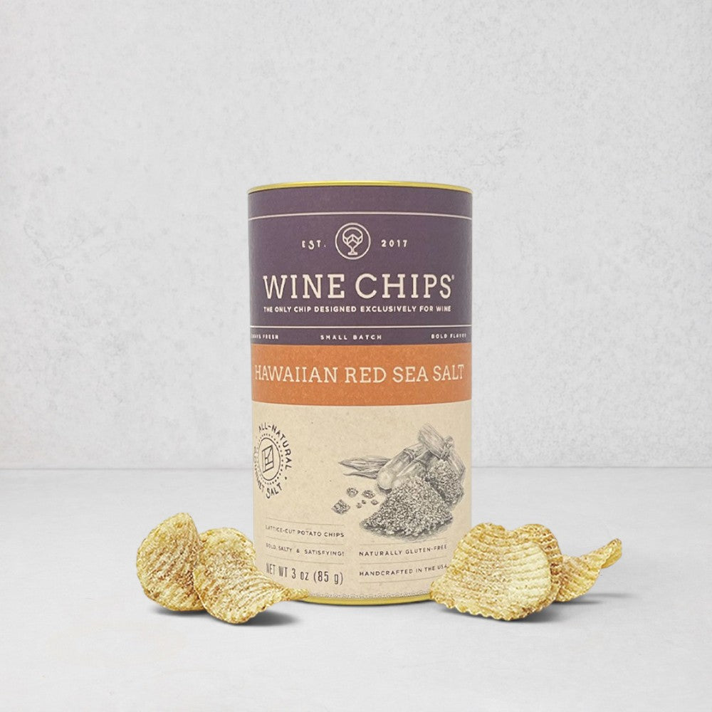 Wine Chips Hawaiian Red Sea Salt 3oz canister with lattice-cut potato chips.