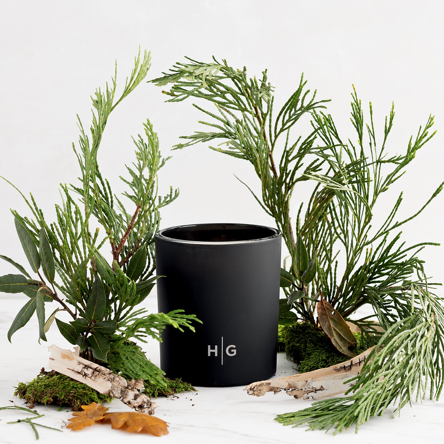 Hudson Grace Bleecker black matte candle with HG logo, surrounded by green foliage and birch bark.