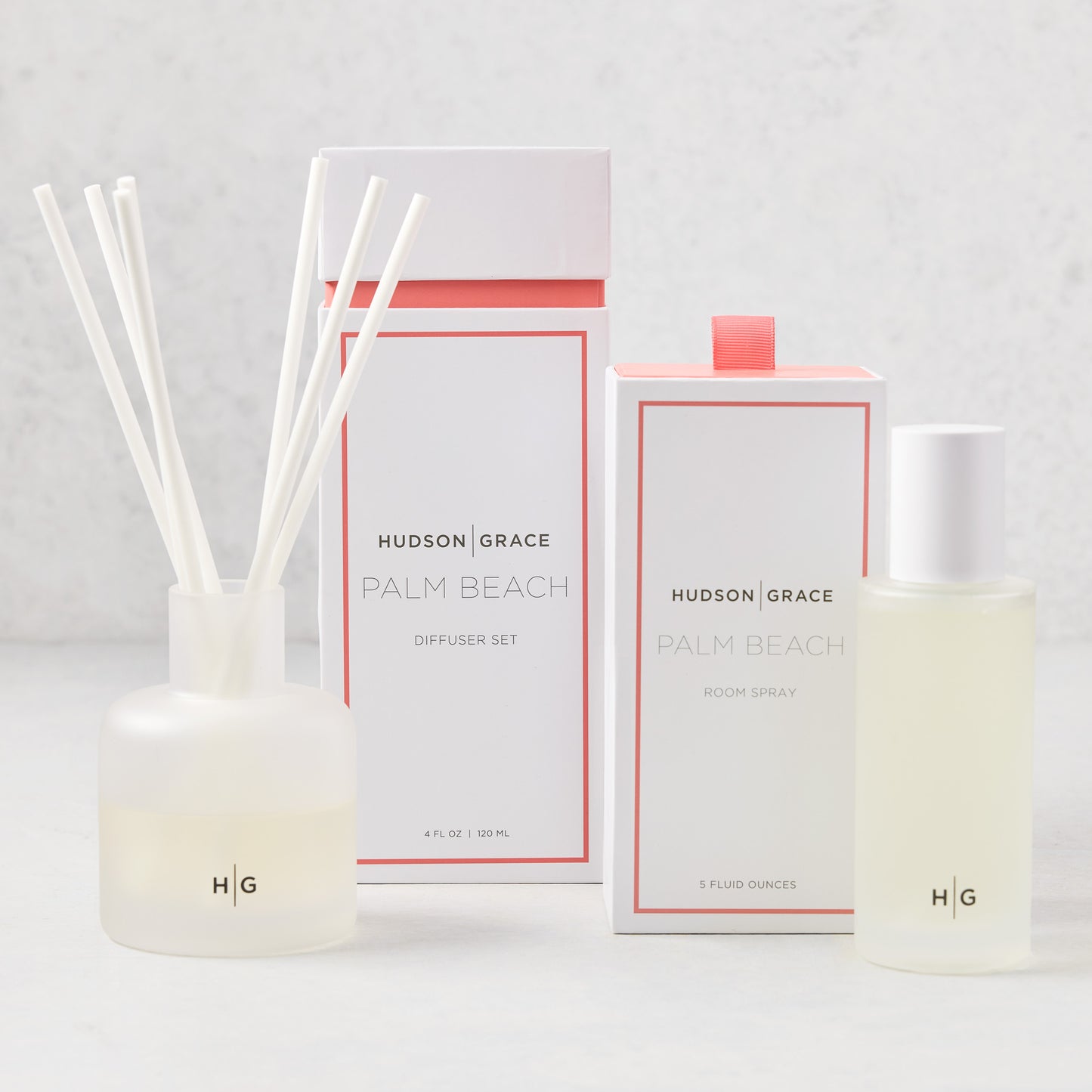 Hudson Grace Palm Beach room spray and diffuser gift set with frosted glass bottles and white packaging.