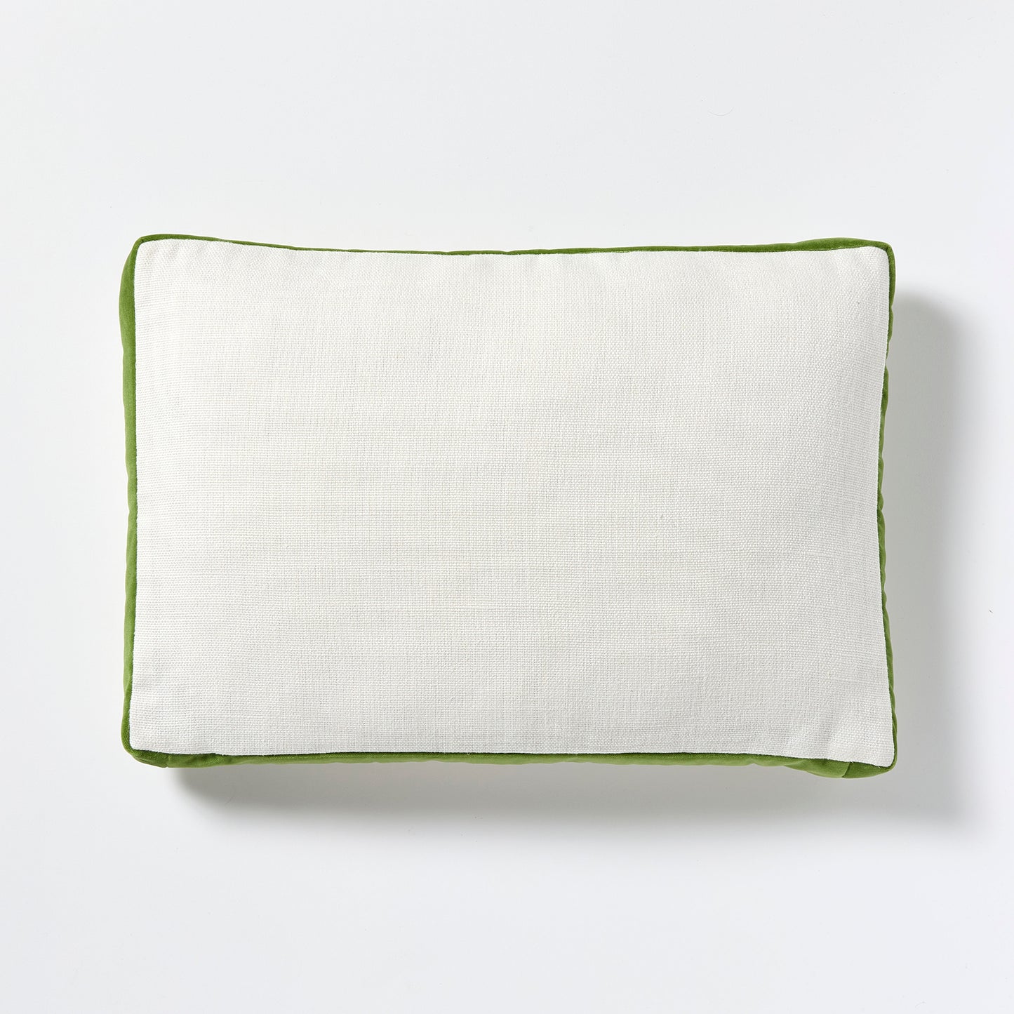 Kiwi Green Velvet Gusseted Lumbar Pillow, 20x14, with white linen front.