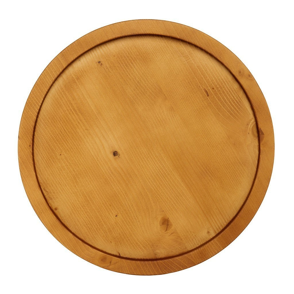 Large round natural reclaimed pine wood serving tray with raised rim and visible grain.