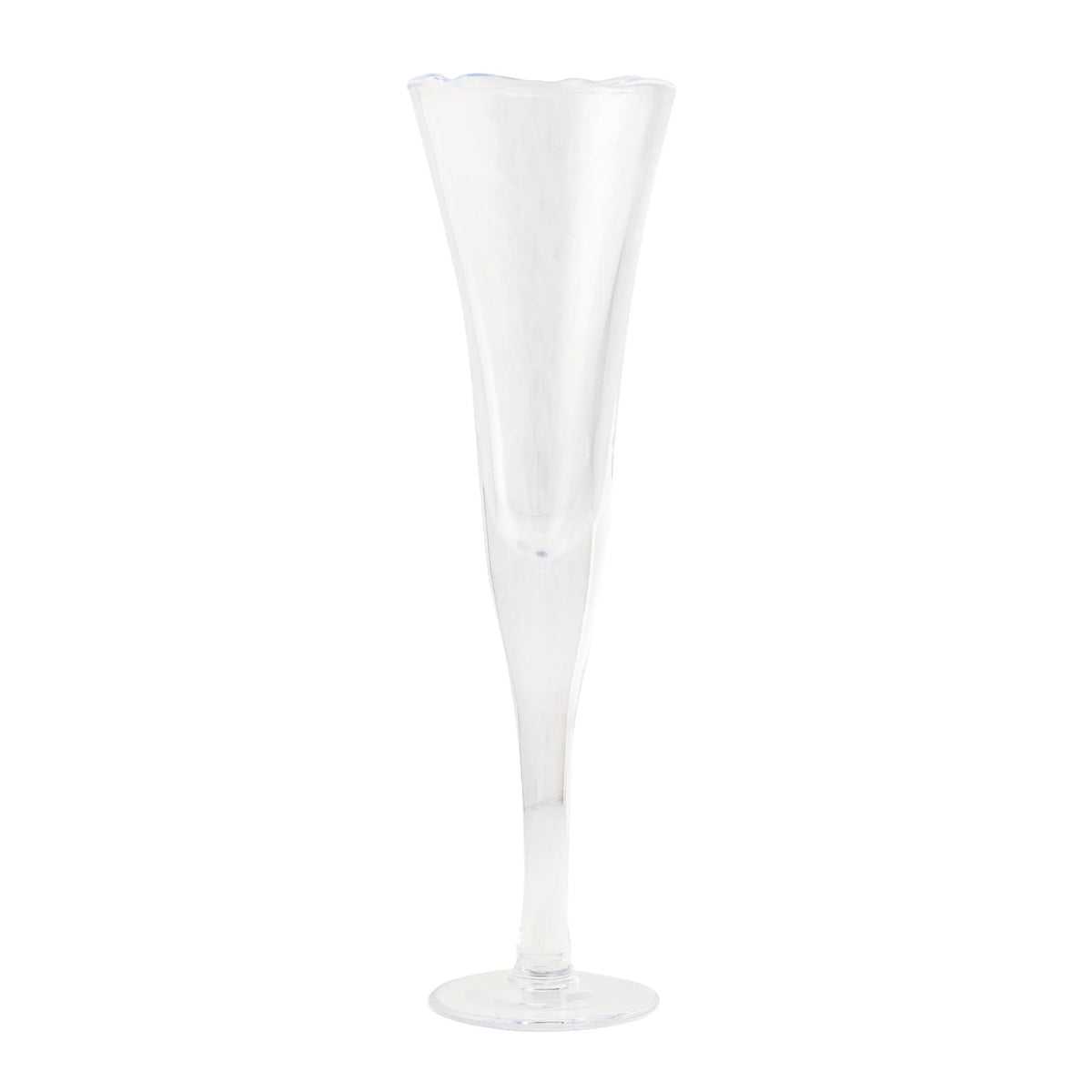Clear, tall glass champagne flute with a unique rippled, scissor-cut rim and thick base.
