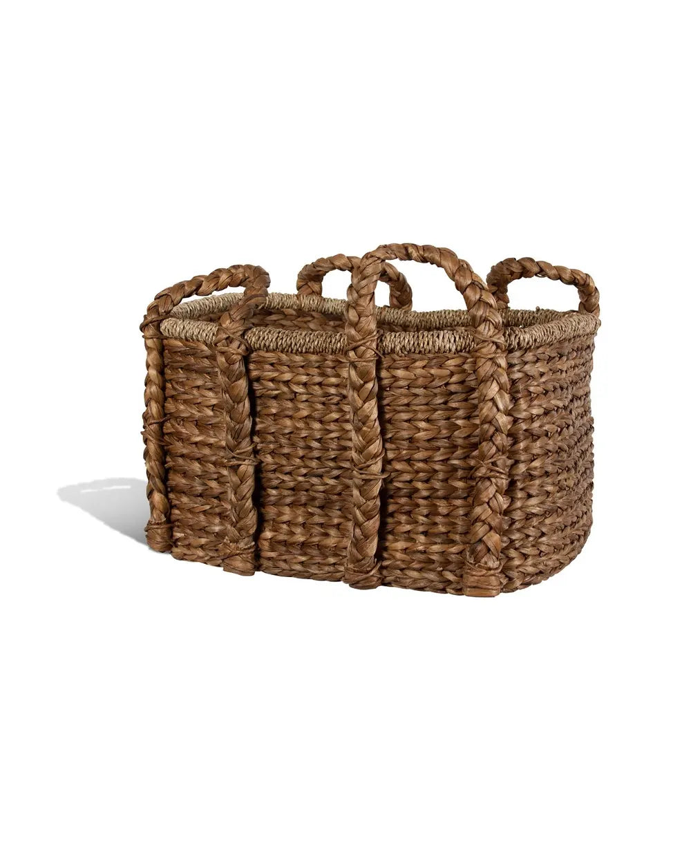 Large rectangular woven water hyacinth basket in natural brown with sturdy braided double handles.