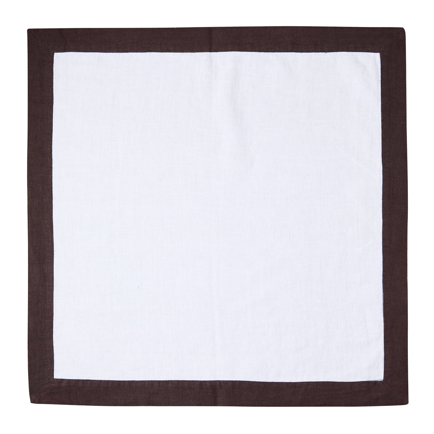 White linen napkin with a cocoa brown border, 22x22 inches.