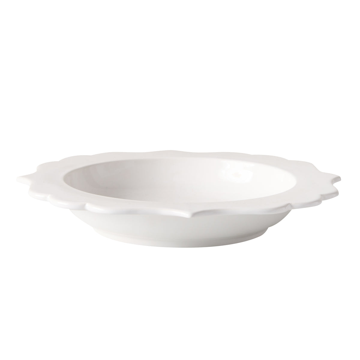 Lungarno white ceramic soup bowl with sculptural, scalloped rim, 9.5" diameter.
