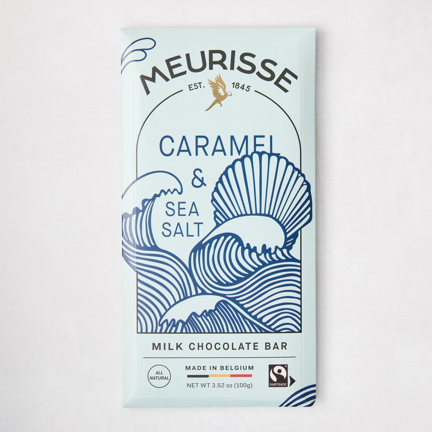 Light blue Meurisse Caramel & Sea Salt Milk Chocolate Bar with blue wave design and gold bird logo.