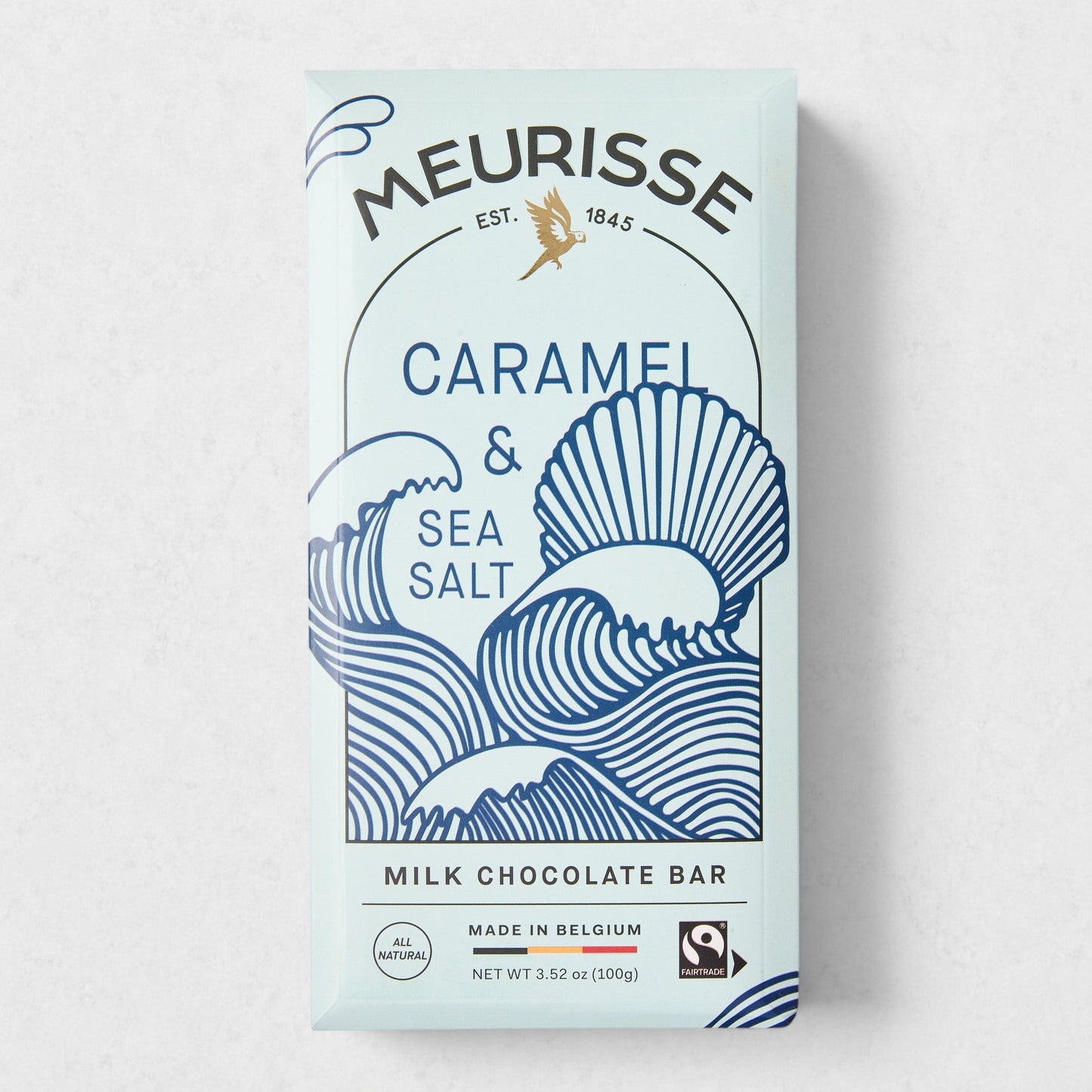 Light blue Meurisse Caramel & Sea Salt Milk Chocolate Bar with blue wave design and gold bird logo.
