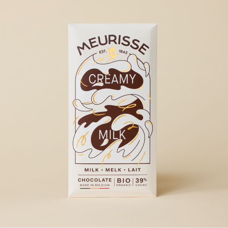 Meurisse Creamy Milk Chocolate Bar, white packaging with brown and gold wavy design.