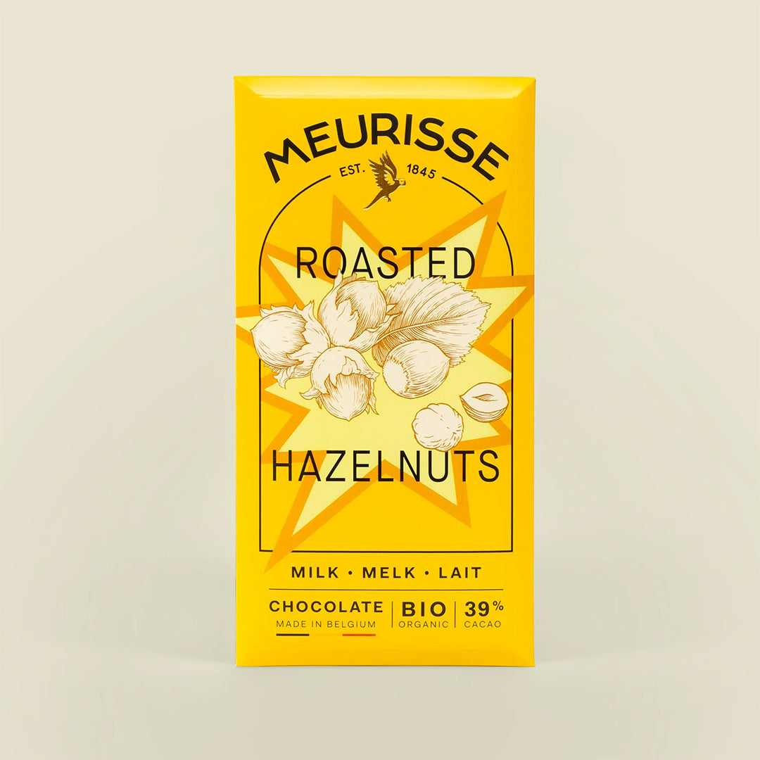 Meurisse Roasted Hazelnuts Milk Chocolate bar in bright yellow packaging with hazelnut illustration.
