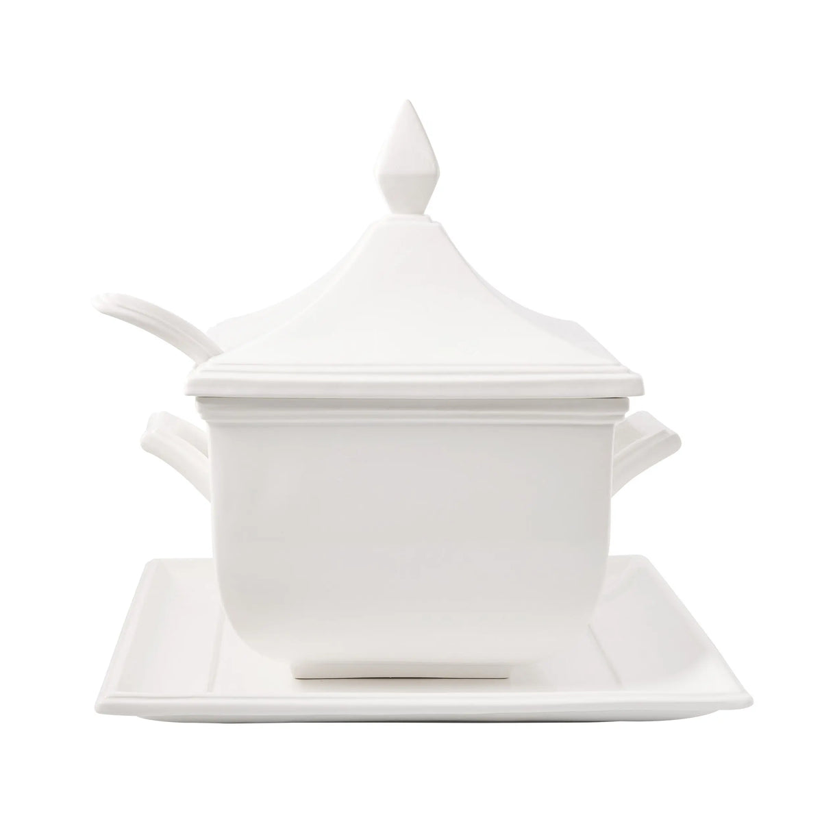 White ceramic Milano soup tureen with lid, handles, and serving spoon on a rectangular tray.