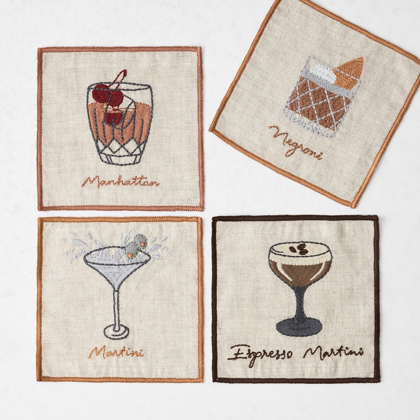 Mixed Cocktail Embroidered Linen Coasters, Set of 4