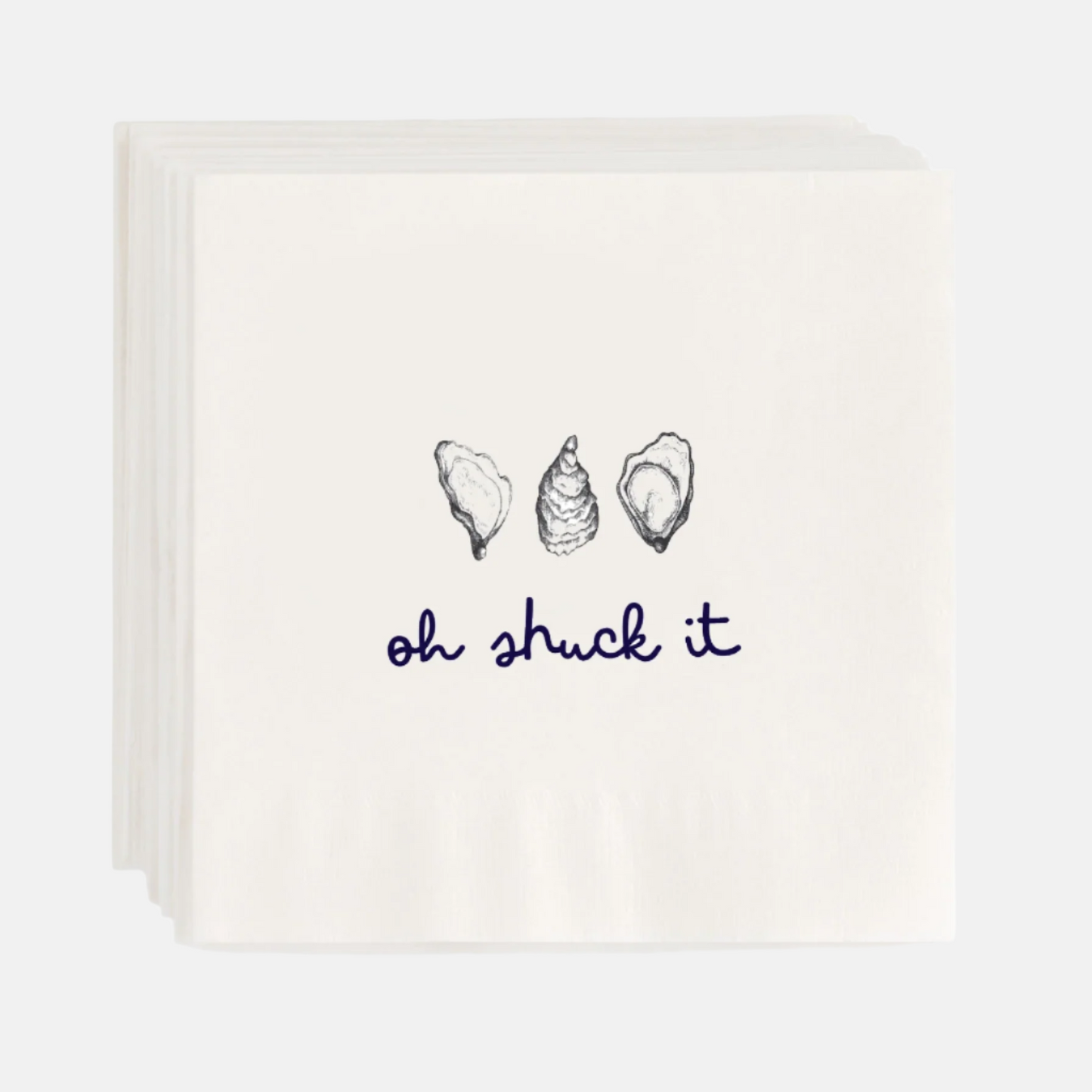 White 5.5" square paper cocktail napkins with "oh shuck it" text and oyster shell illustrations.