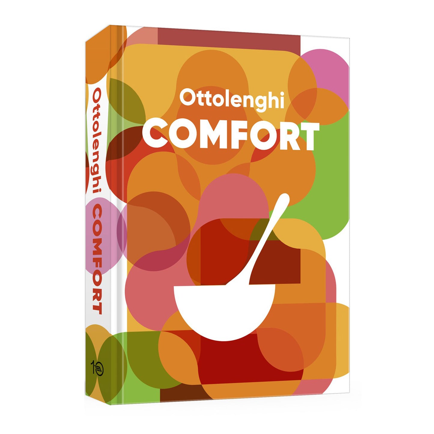 Hardcover cookbook, "Ottolenghi Comfort," with colorful abstract circles, white title, bowl, and spoon design.
